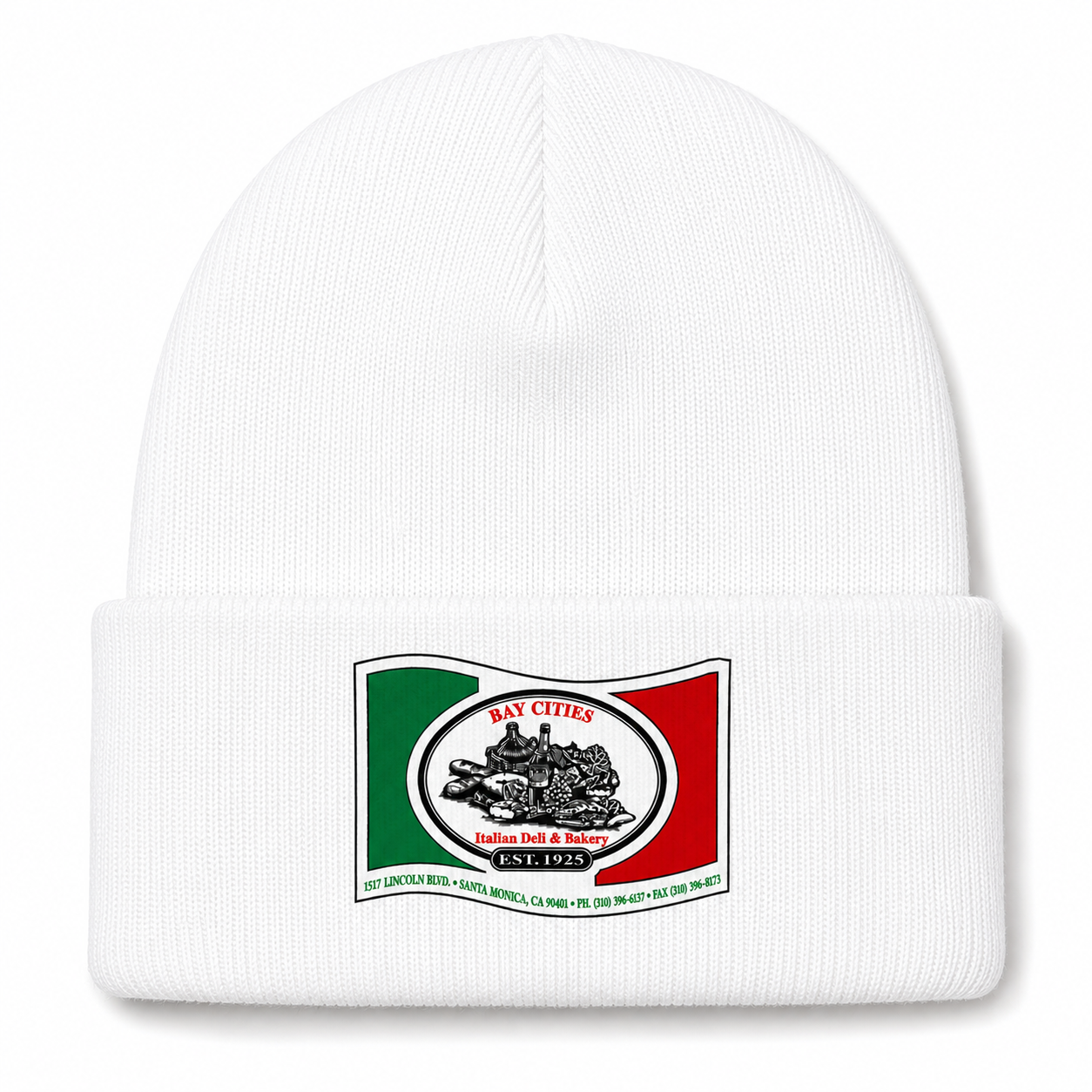 Bay Cities white beanie mockup