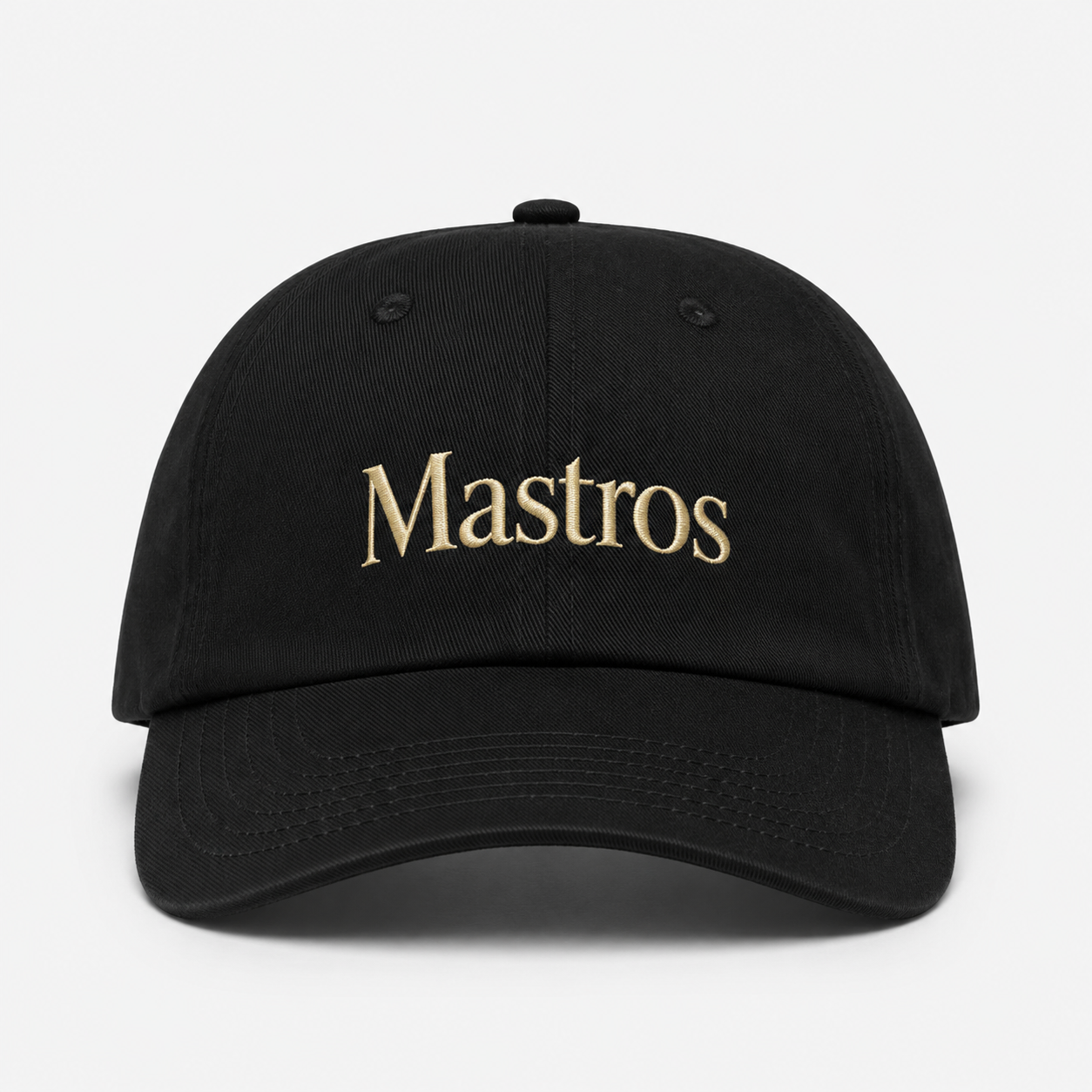 Black Mastros baseball hat with gold embroidered logo